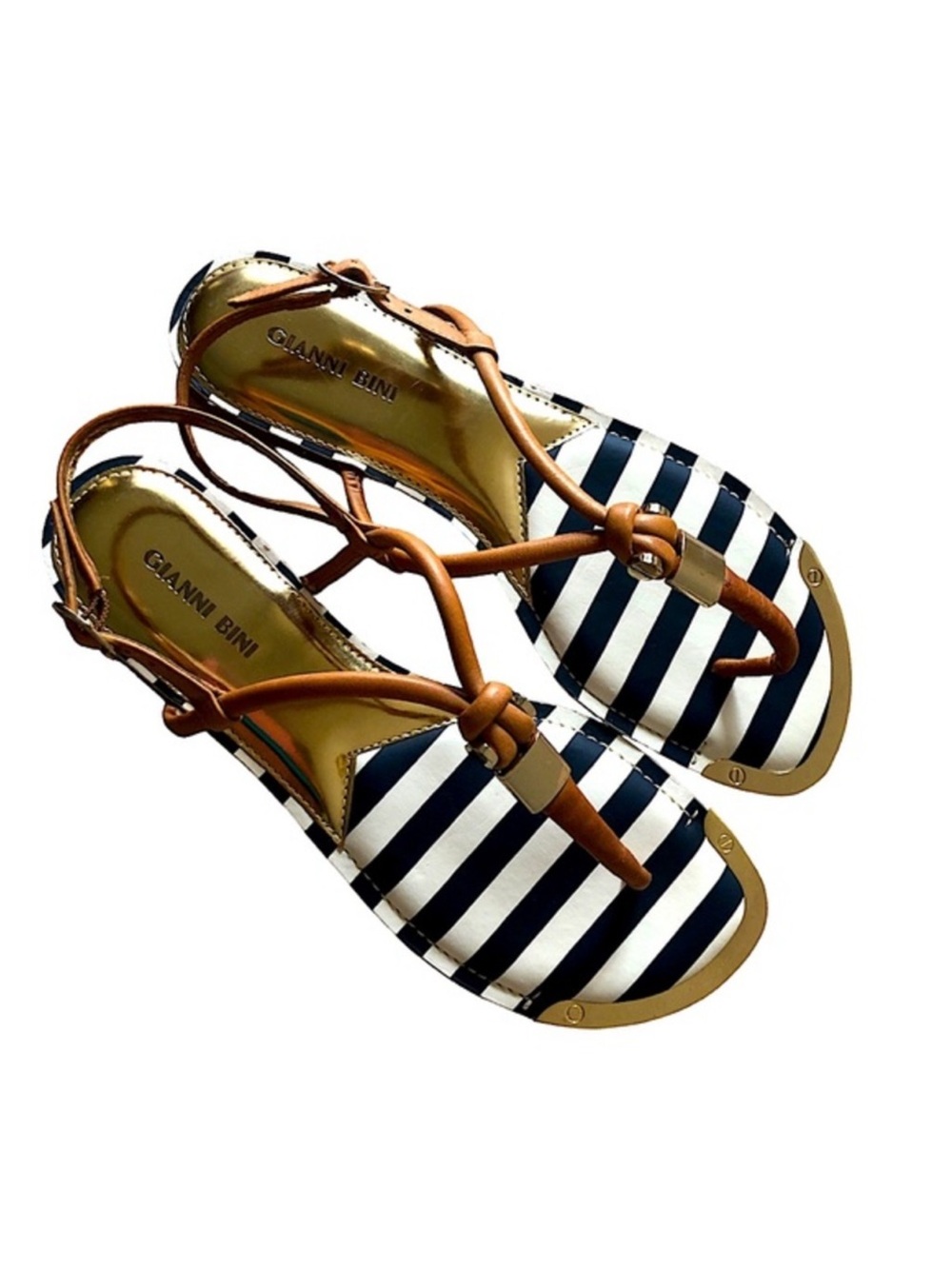 Gianni Bini Leather Navy Blue  & Gold Tong  Adjustable Ankle Strap Sandals 9.5